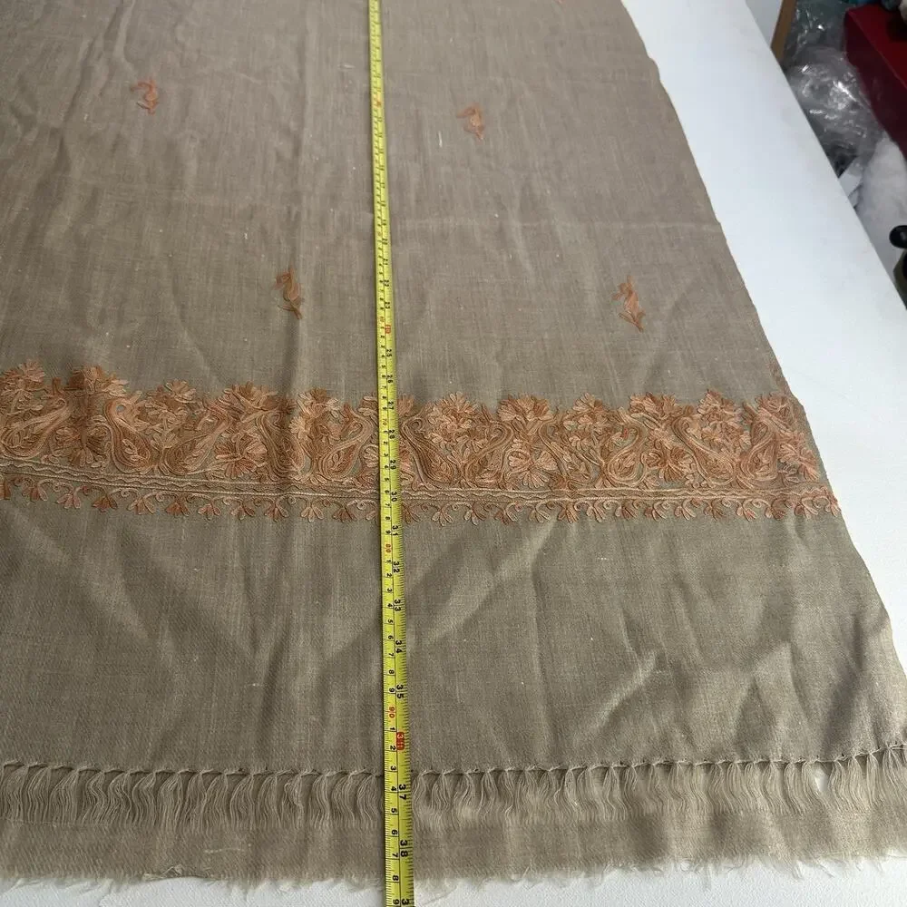 kashmir beige silk embroidered shawl wrap Damage 26 X 76 In